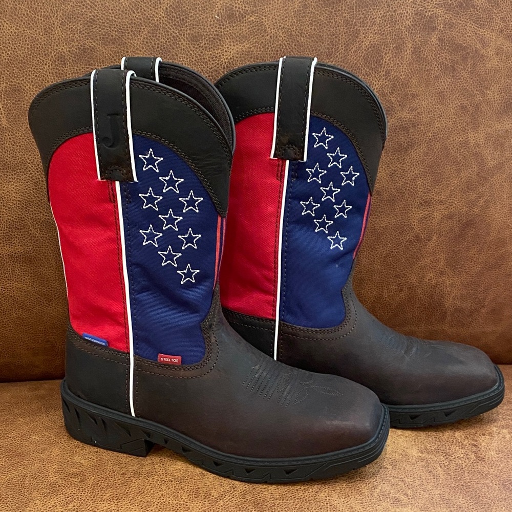 Justin brand; Patriotic design. waterproof, steel toe work boots. Sz 9